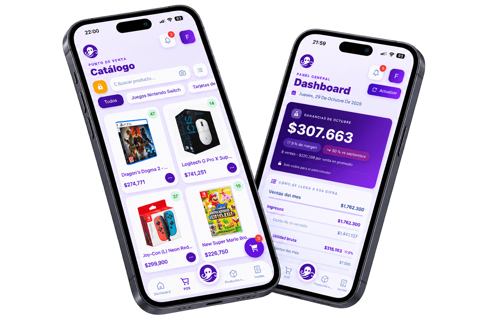 KODA POS instalado como app en dos celulares: el catálogo del punto de venta y el panel de ganancias